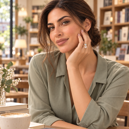 Bloomy model wearing Luma Duo Mother of Pearl Ring