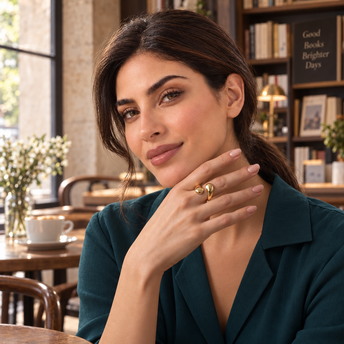 Bloomy model wearing Marea Sculpt Ring in bookstore cafe