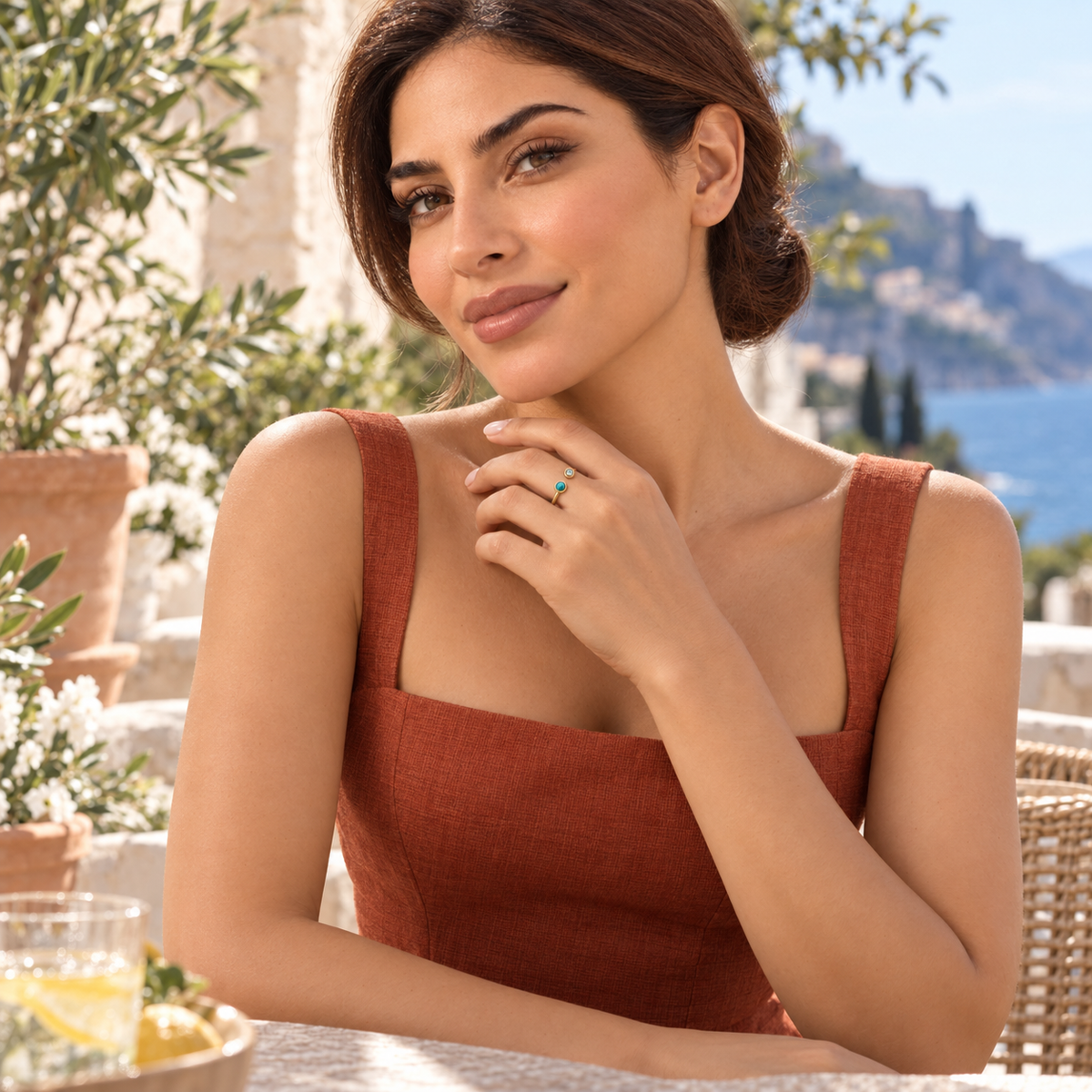Bloomy model wearing the Maris Duo open ring on a Mediterranean terrace