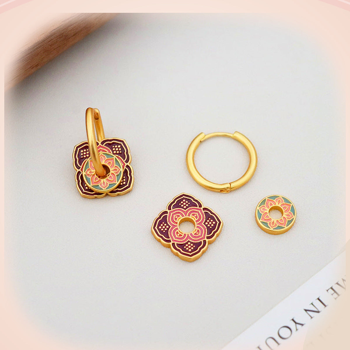 Maroon & Peach Floral Earrings — detail view
