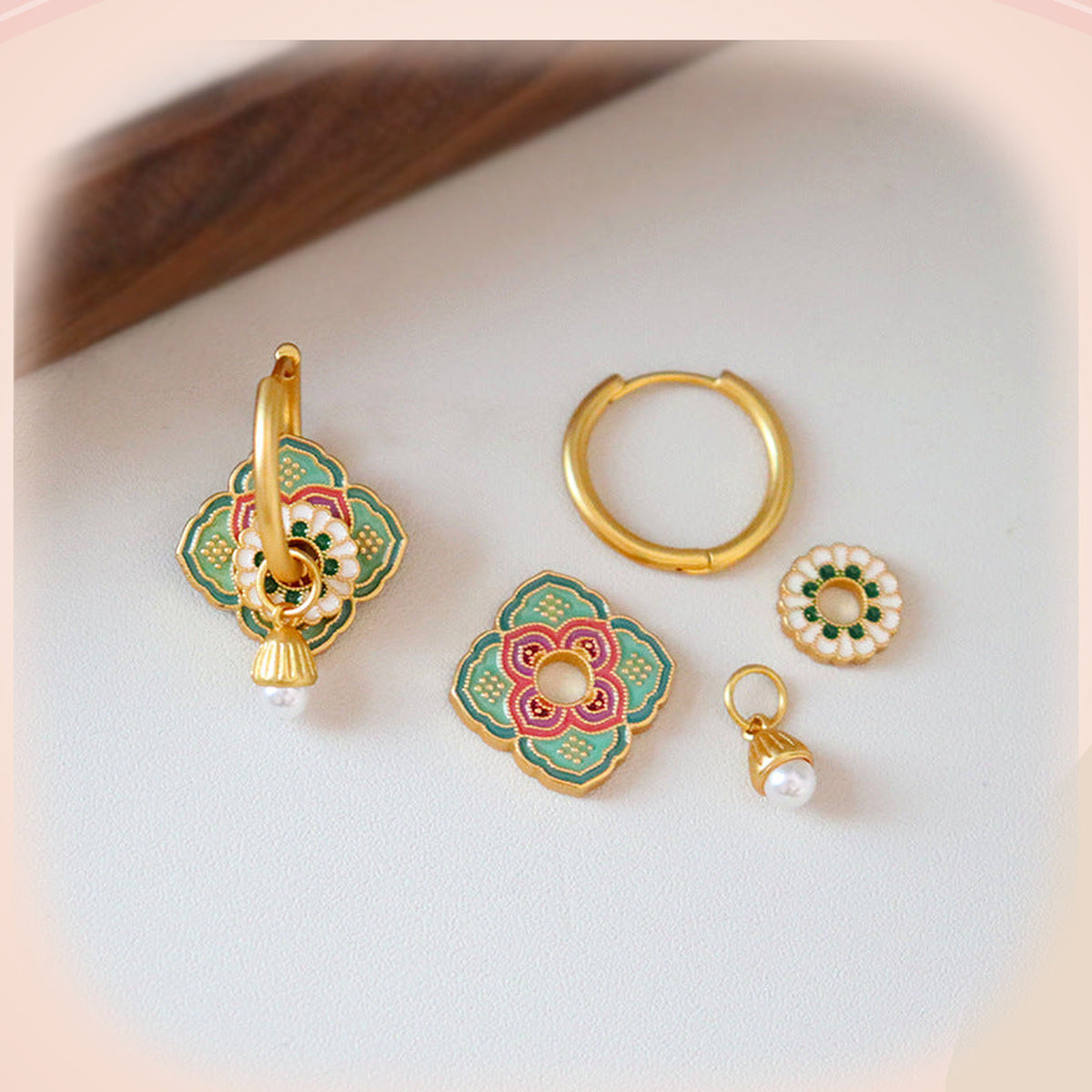 Mint Blossom Earrings with Pearl Drop — detail view