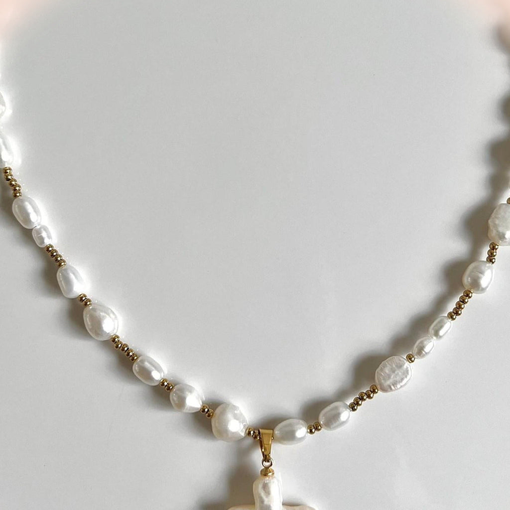 Natural Pearl Cross Necklace — detail view