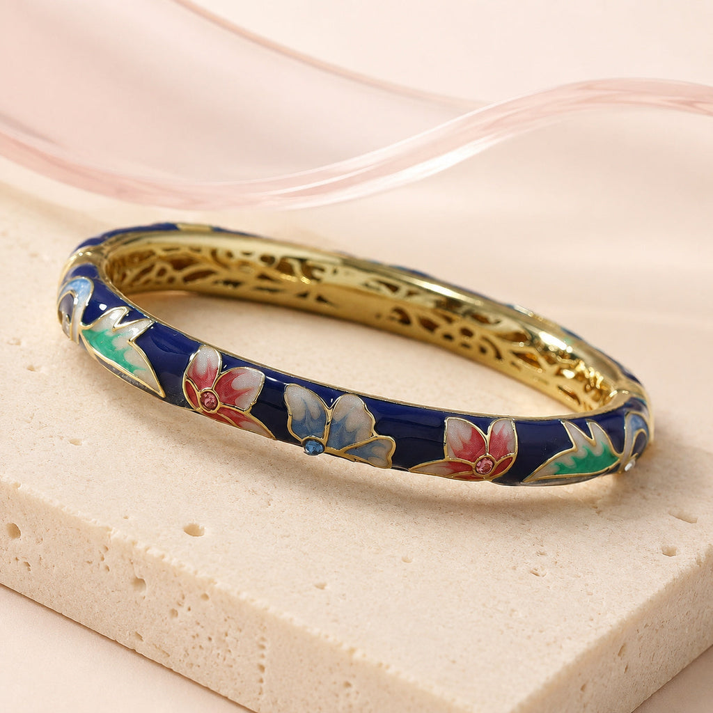 Navy Enamel Floral Bangle – full view