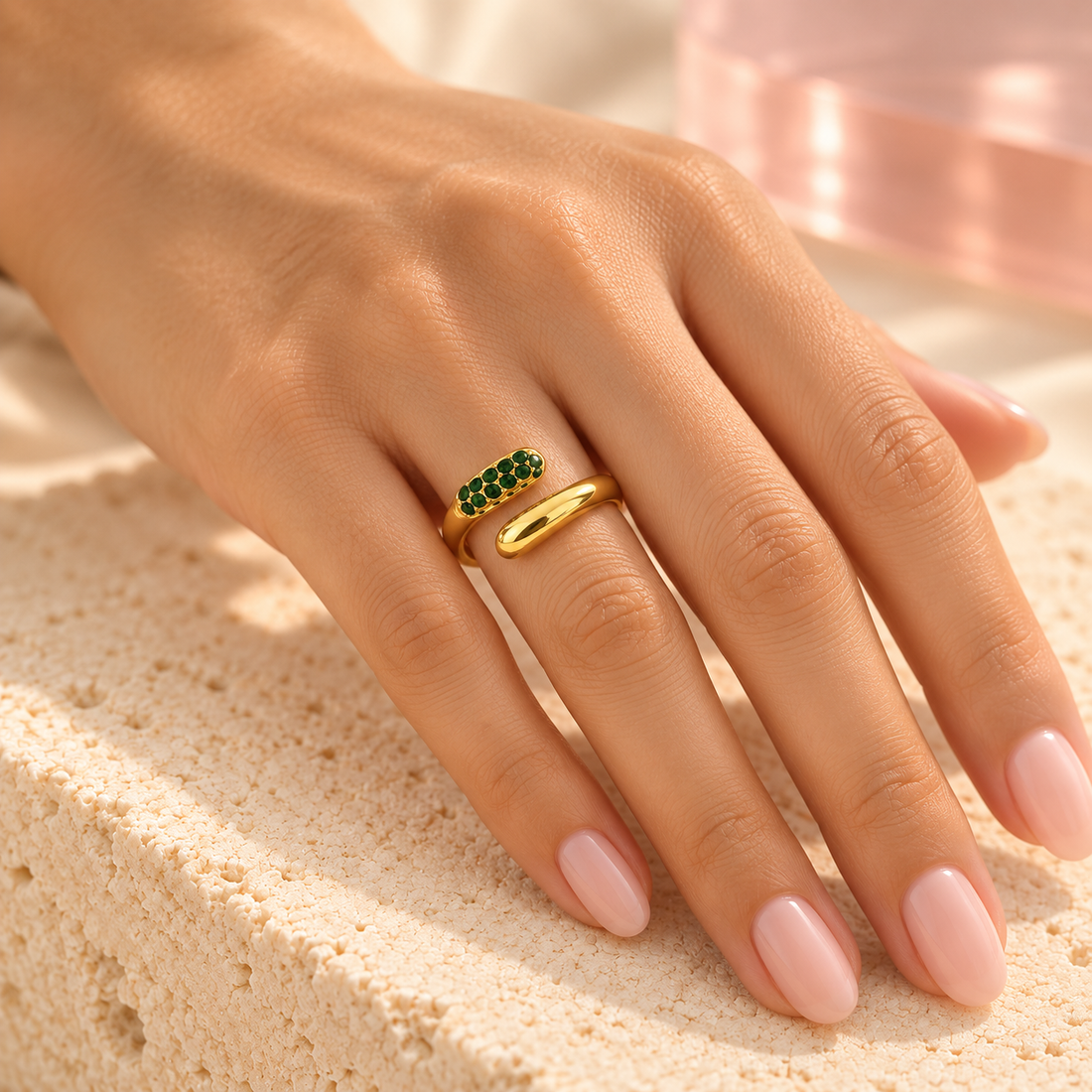 Lumi Zircon Open Ring in green, worn