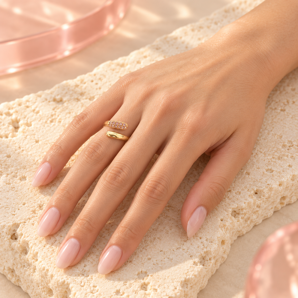 Lumi Zircon Open Ring in pink, worn