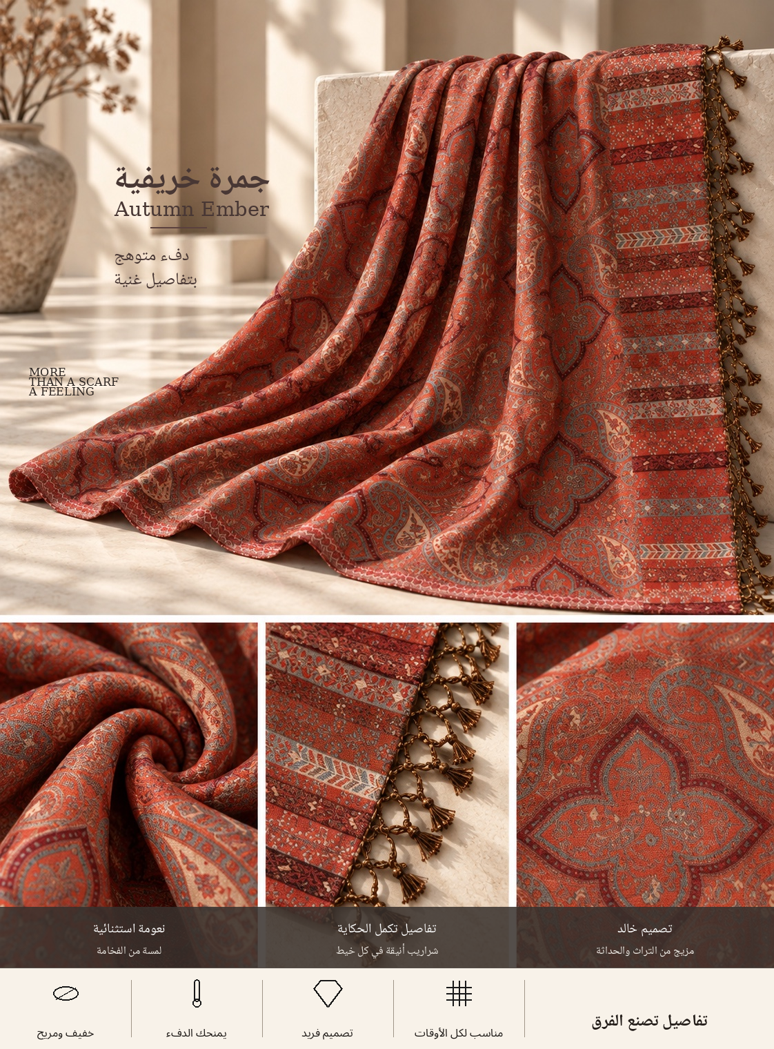 Bloomy Ornamental Paisley Pashmina in Autumn Ember