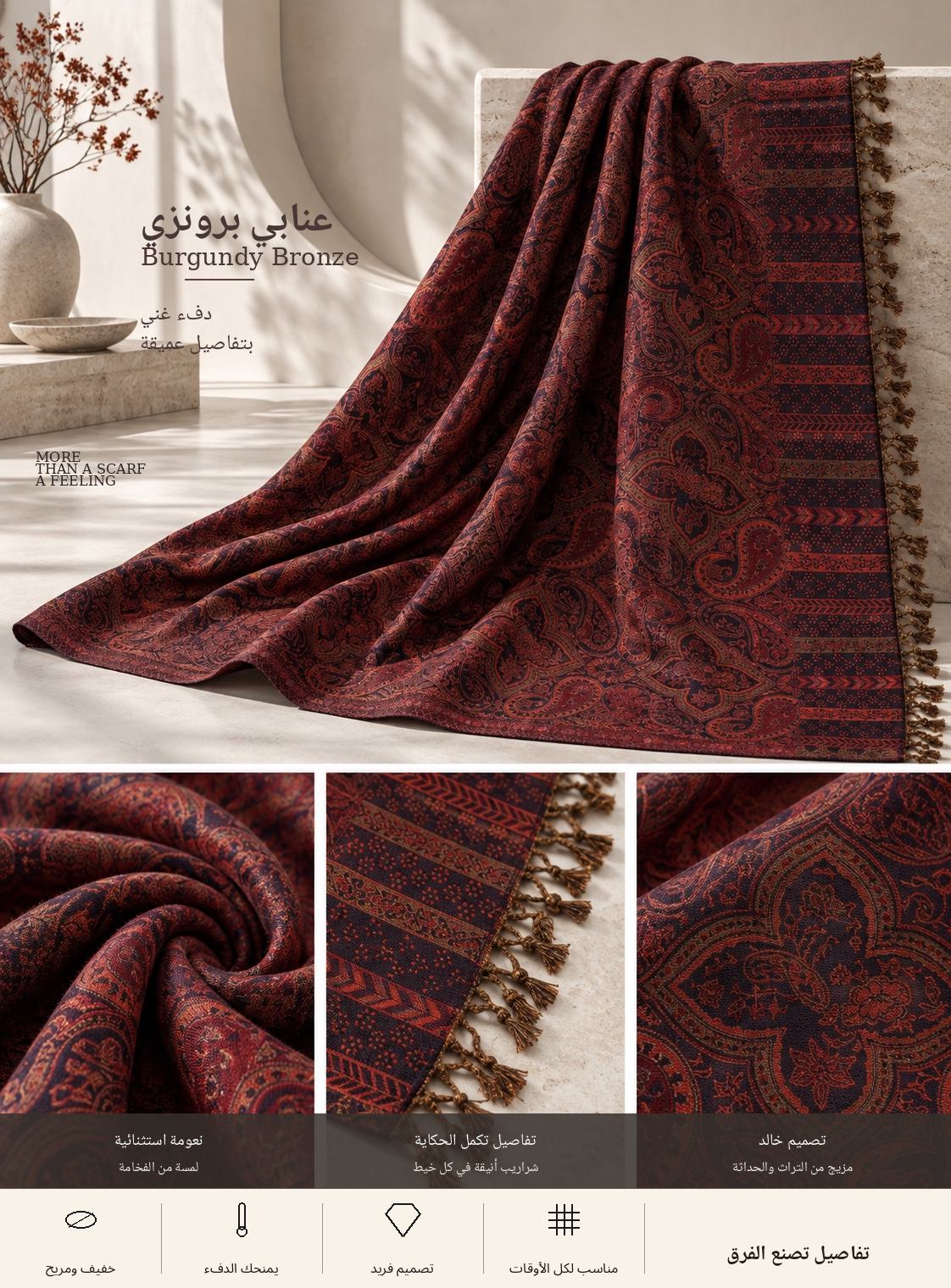 Bloomy Ornamental Paisley Pashmina in Burgundy Bronze