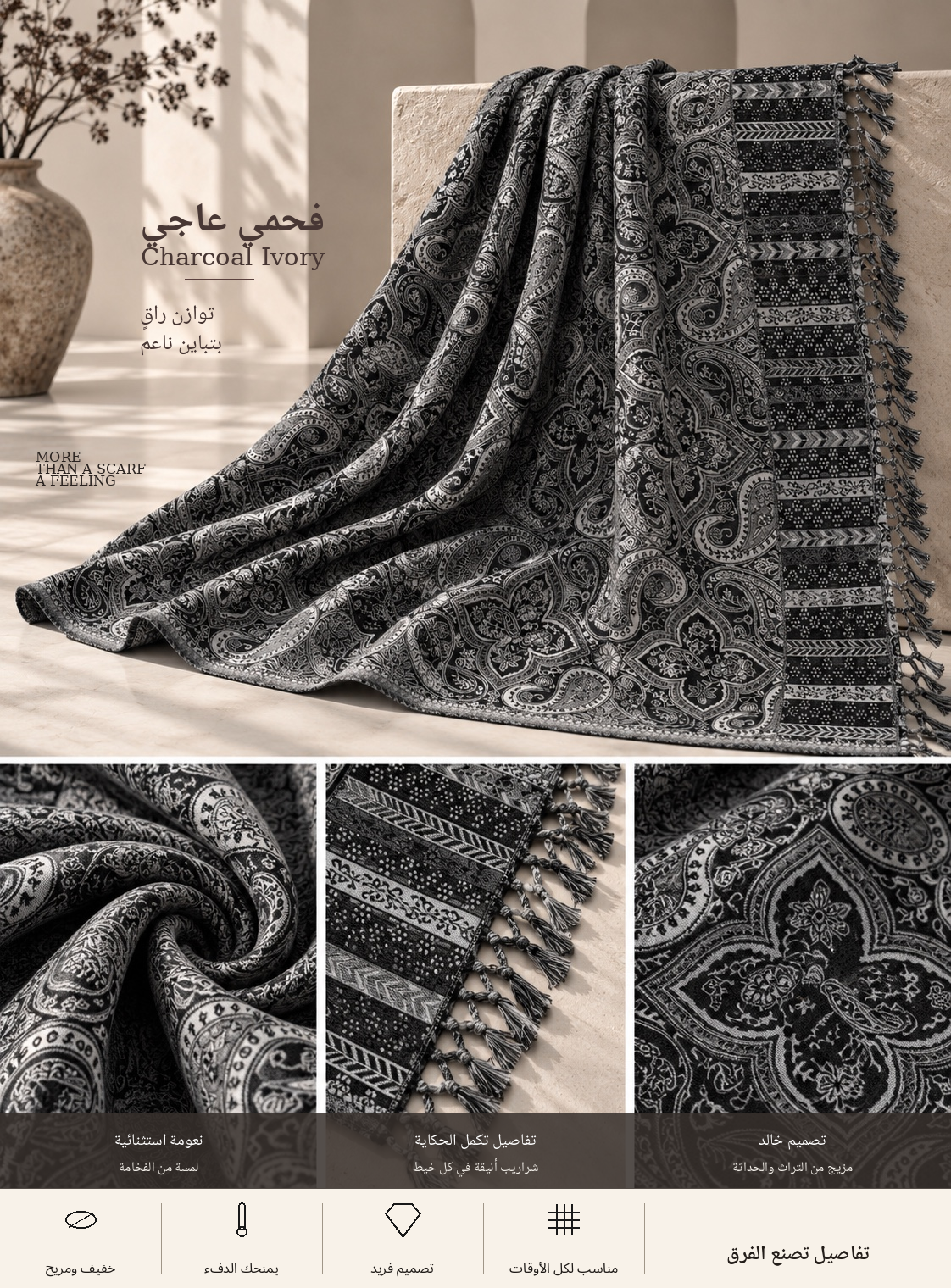 Bloomy Ornamental Paisley Pashmina in Charcoal Ivory