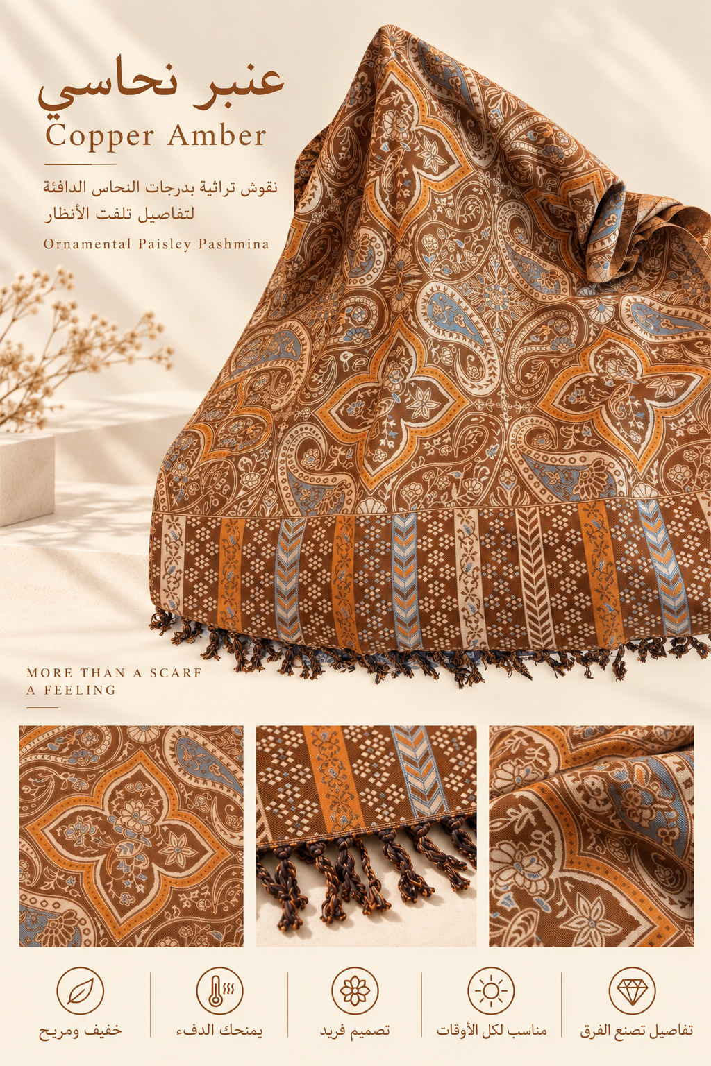 Bloomy Ornamental Paisley Pashmina in Copper Amber, warm copper paisley with blue accents and dark tasseled border