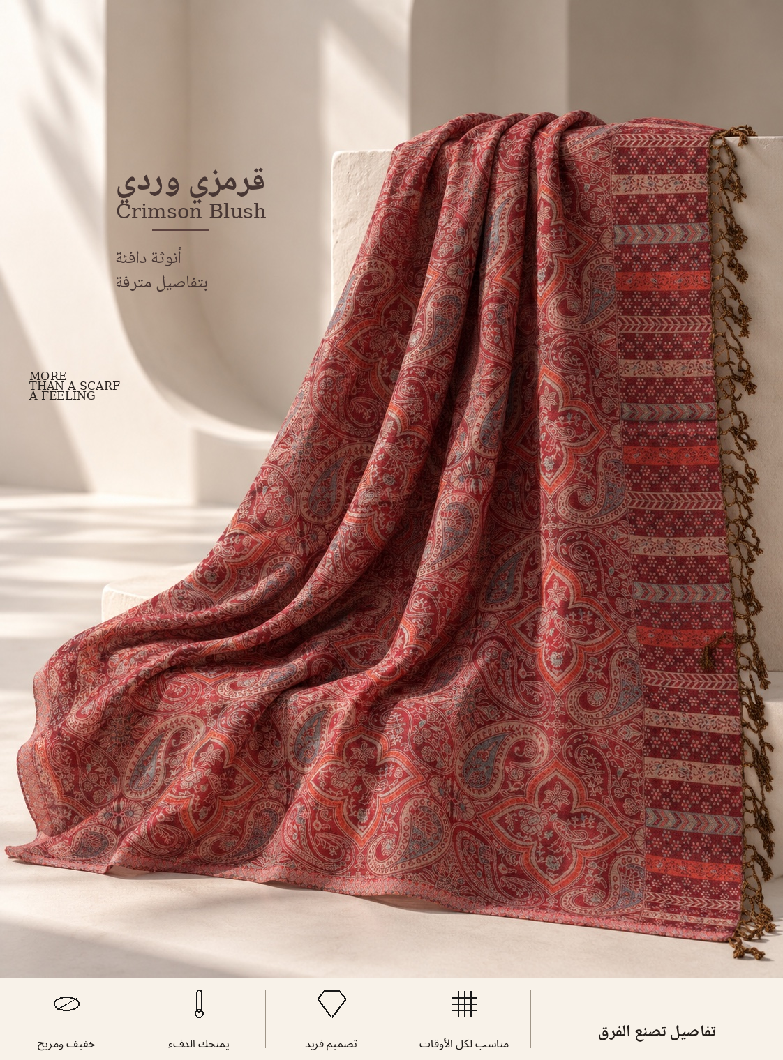 Bloomy Ornamental Paisley Pashmina in Crimson Blush