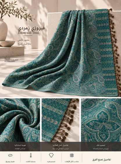 Bloomy Ornamental Paisley Pashmina in Emerald Teal
