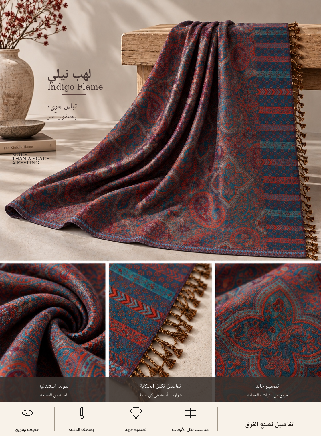 Bloomy Ornamental Paisley Pashmina in Indigo Flame