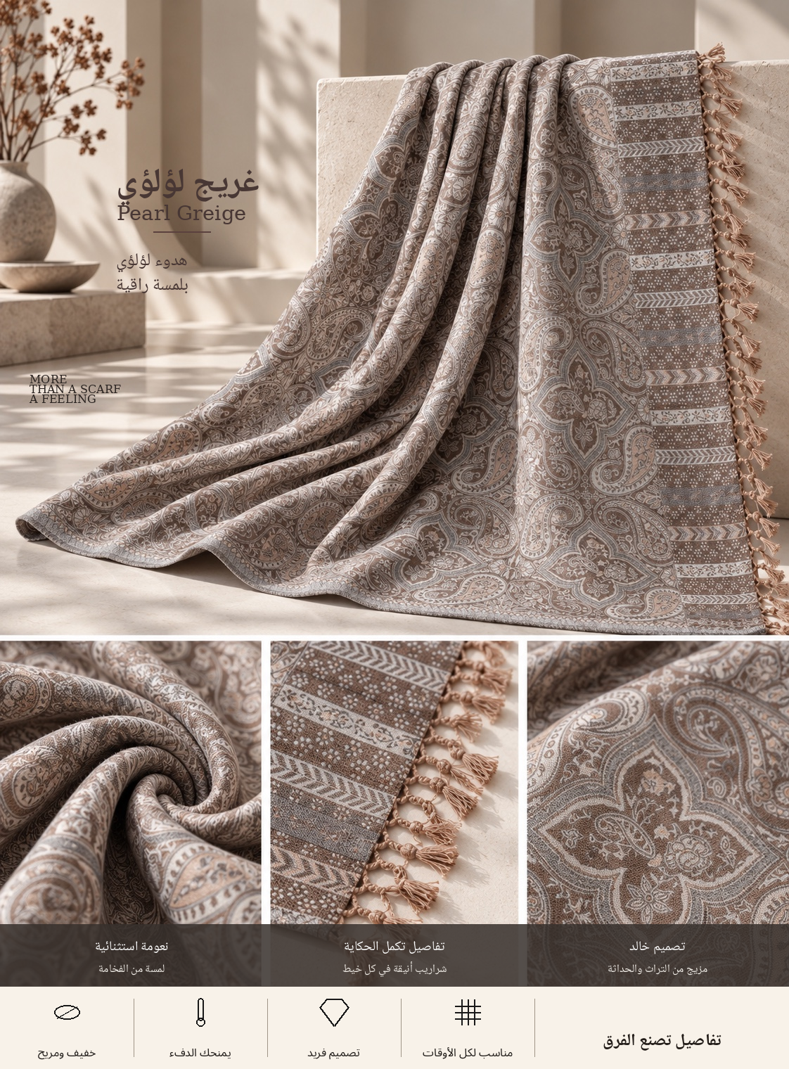 Bloomy Ornamental Paisley Pashmina in Pearl Greige