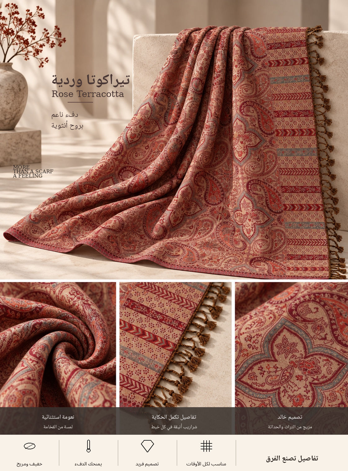 Bloomy Ornamental Paisley Pashmina in Rose Terracotta