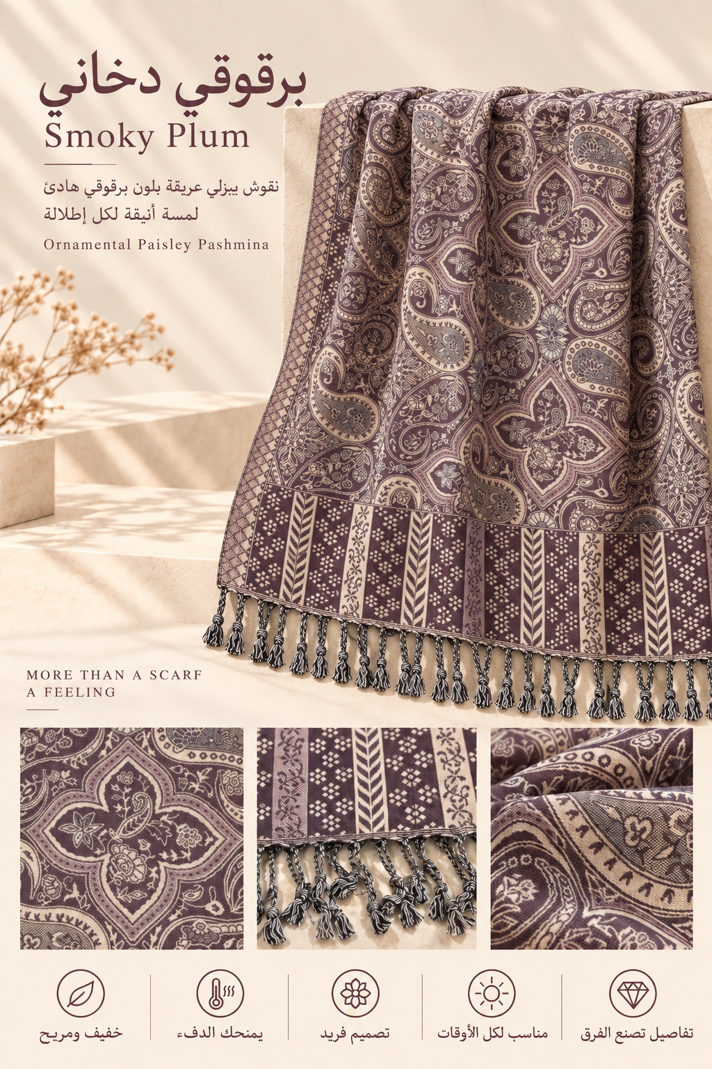 Bloomy Ornamental Paisley Pashmina in Smoky Plum with patterned border and twisted fringes