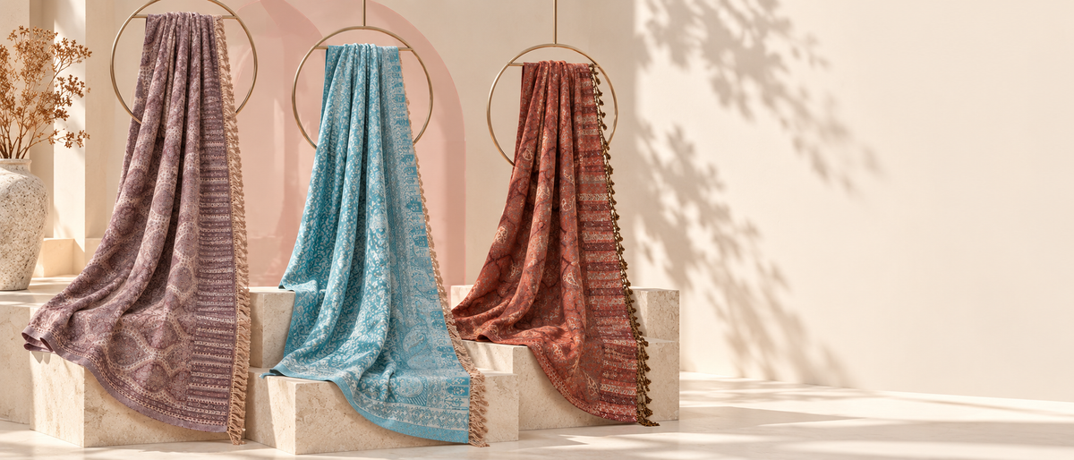 Bloomy pashmina collection in mauve, turquoise and coral