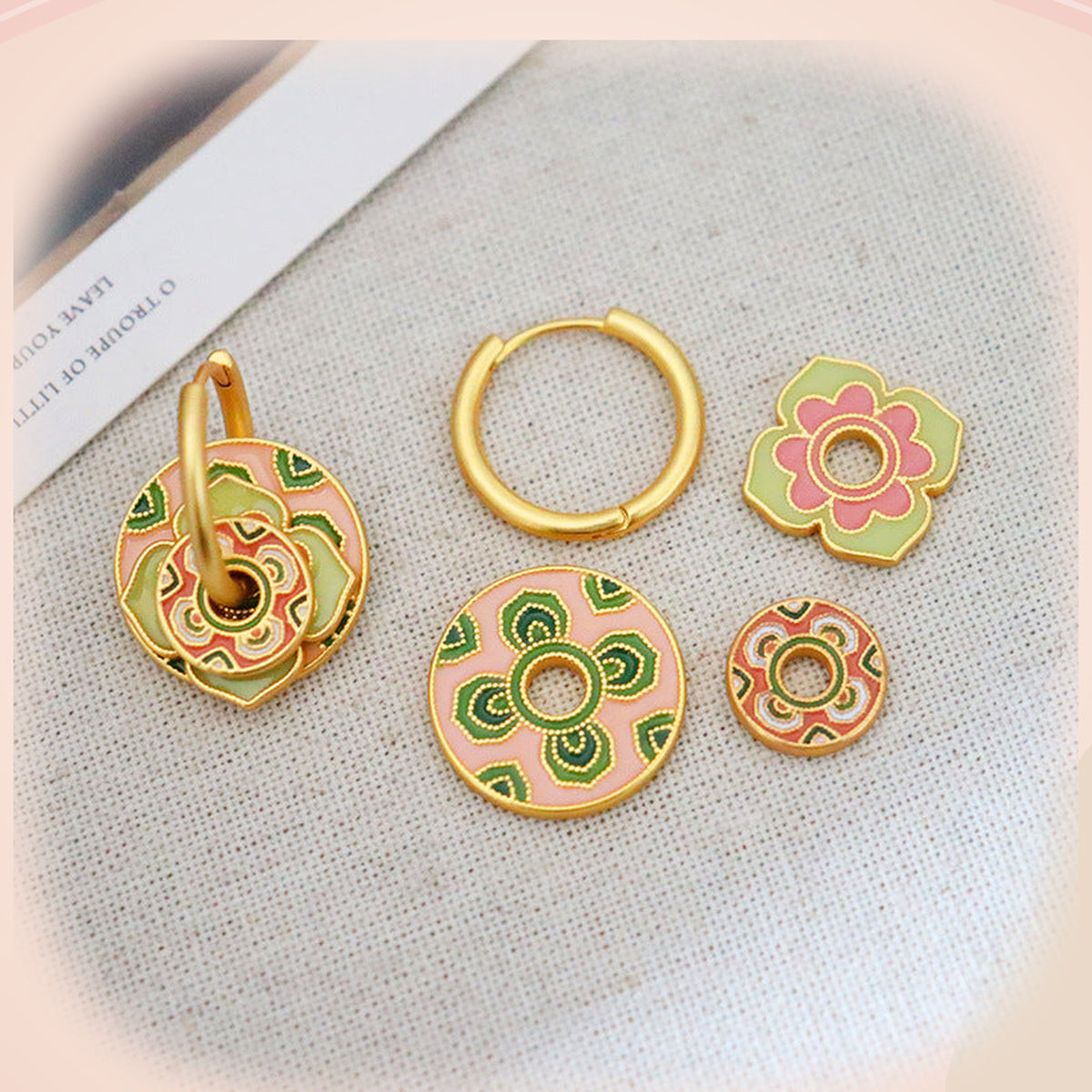 Peach & Green Floral Earrings — detail view