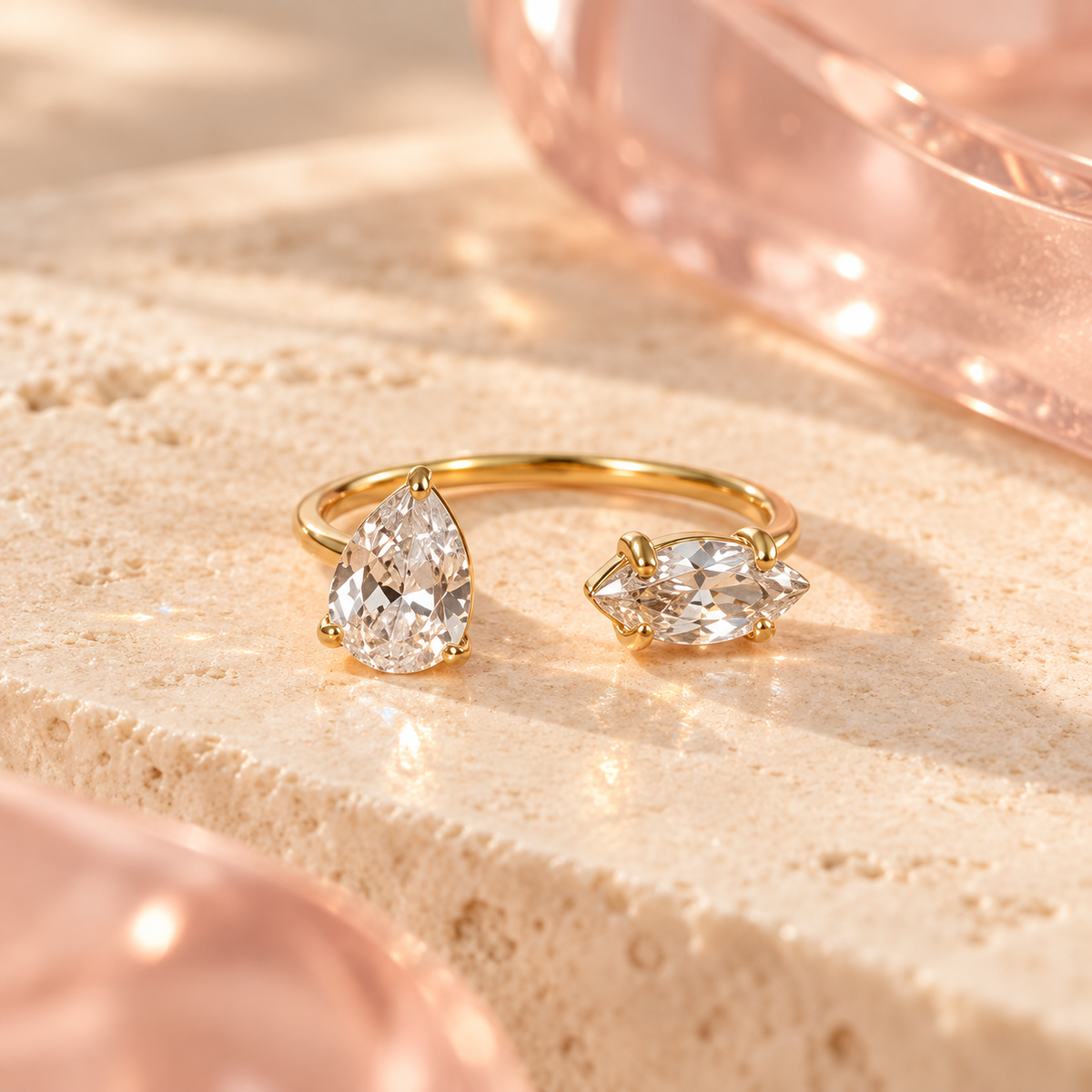 Pear and marquise crystal open ring close-up, Bloomy product image