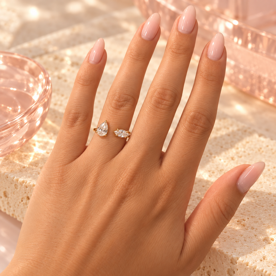 Pear and marquise crystal open ring worn on hand, Bloomy lifestyle image