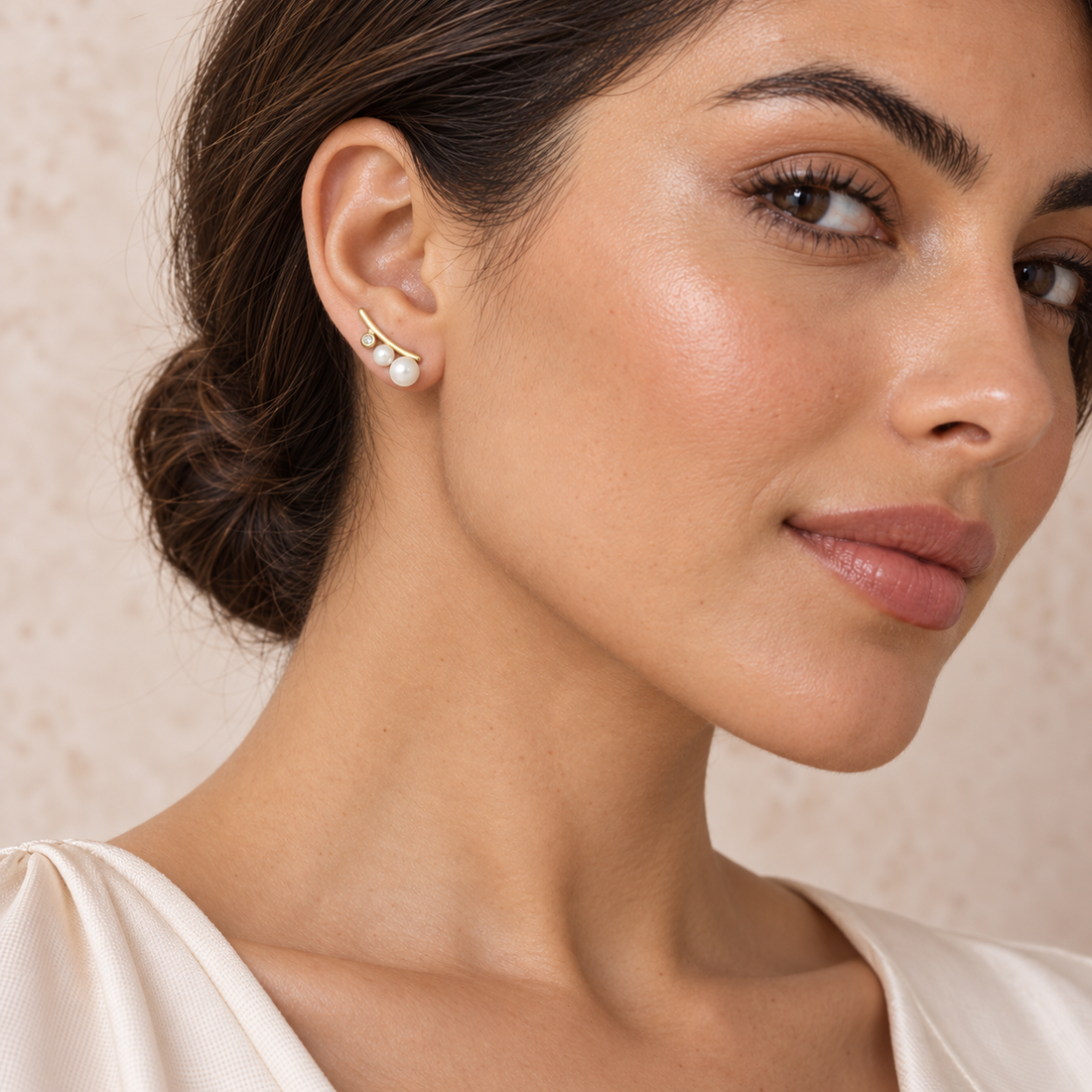 Bloomy model wearing Pearl Arc Climber Earrings