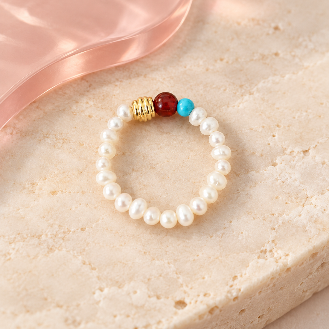Color Pop Pearl Ring on ivory stone with red and turquoise accent