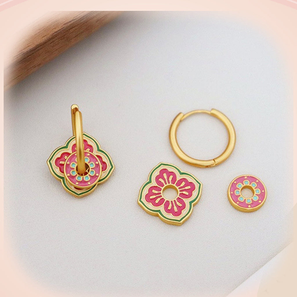 Pink & Green Floral Hoop Earrings — detail view