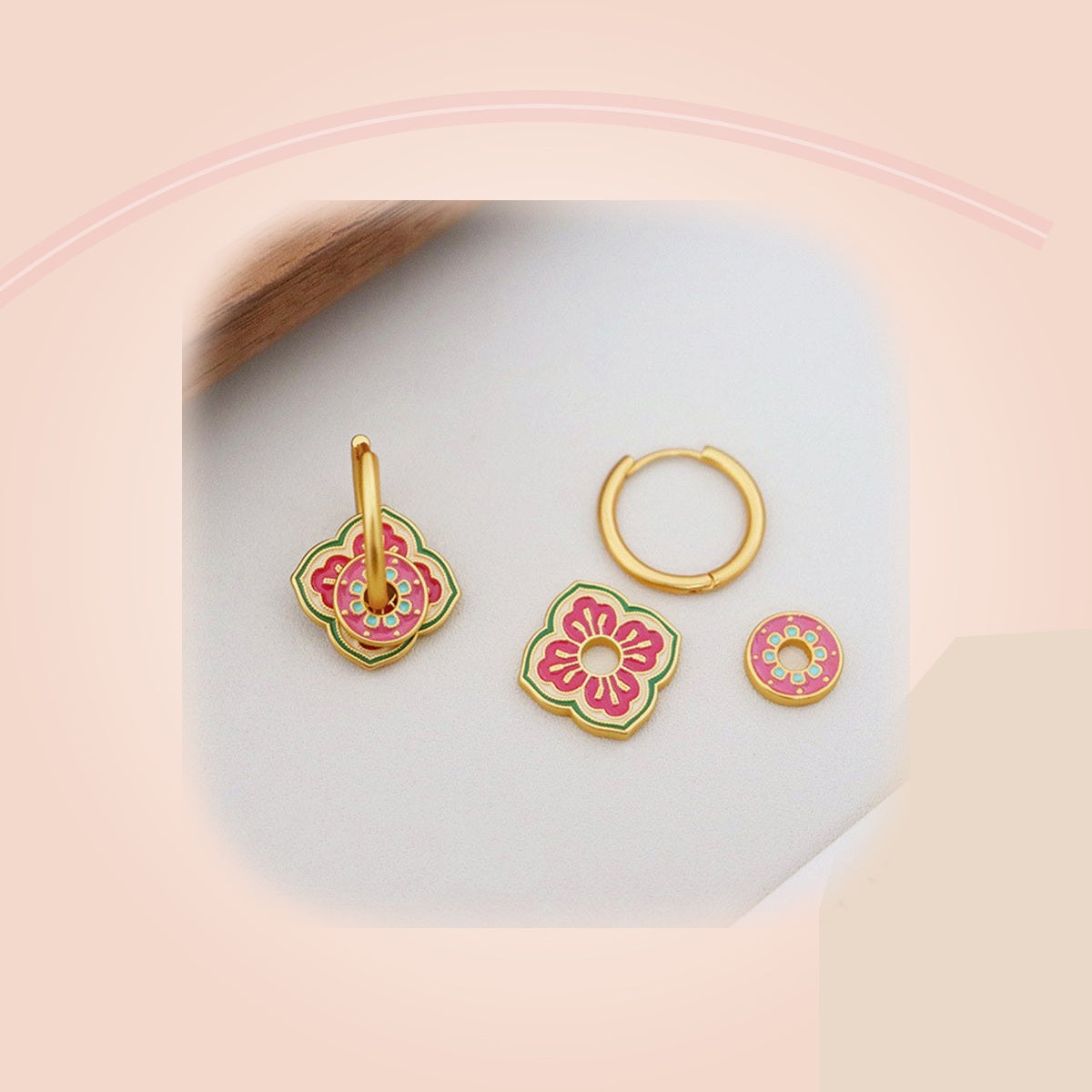 Pink & Green Floral Hoop Earrings — full product view