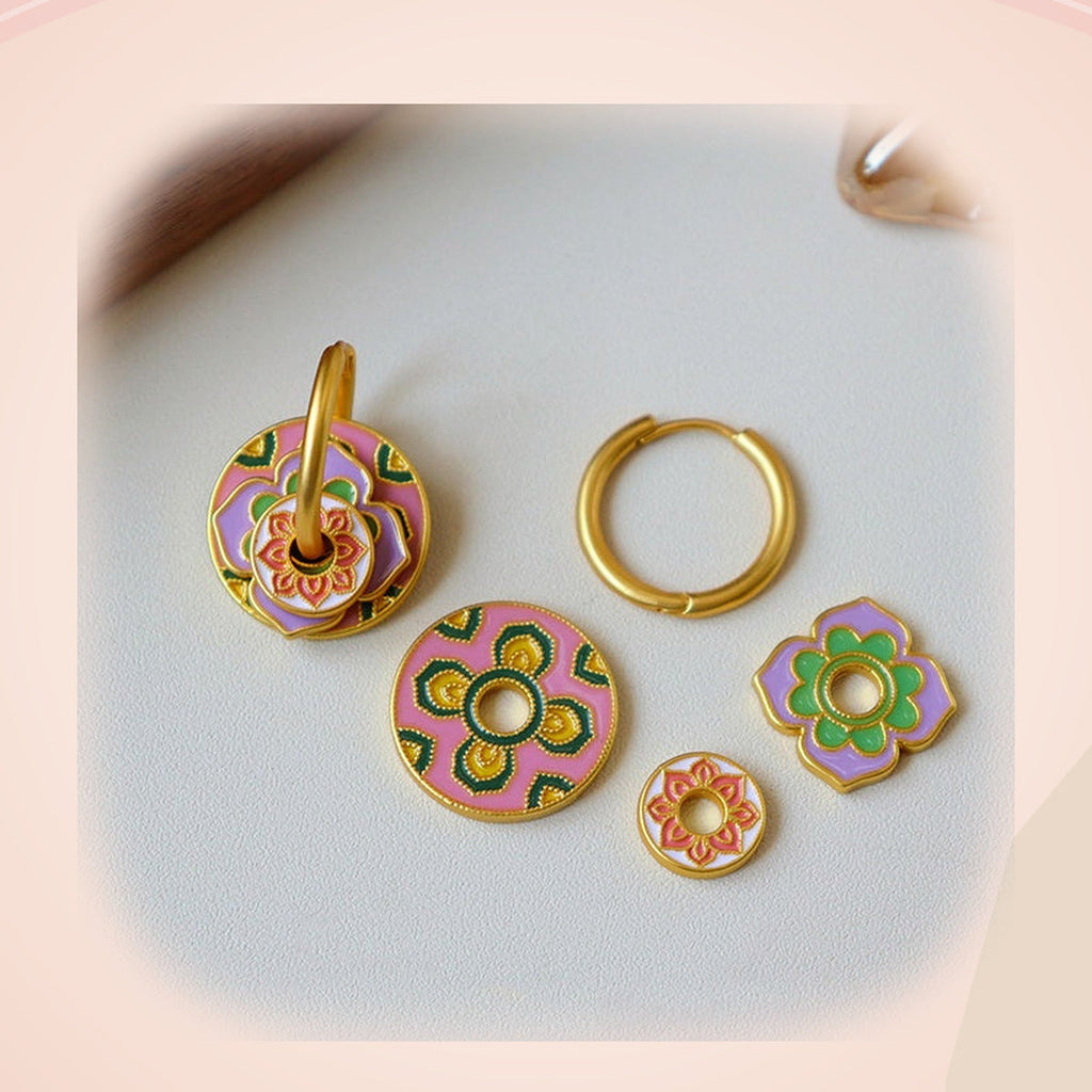 Pink & Green Floral Layered Earrings — detail view