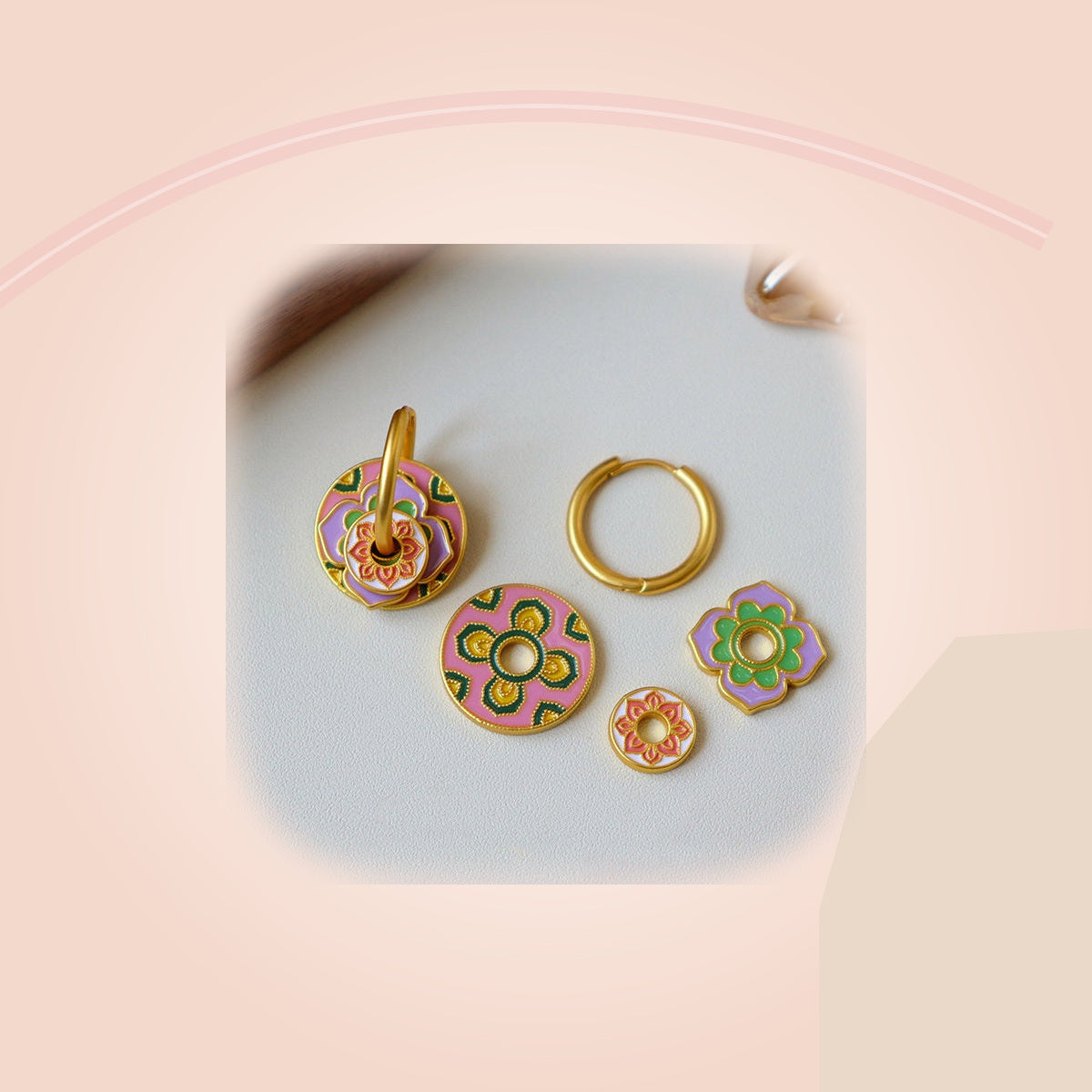 Pink & Green Floral Layered Earrings — full product view