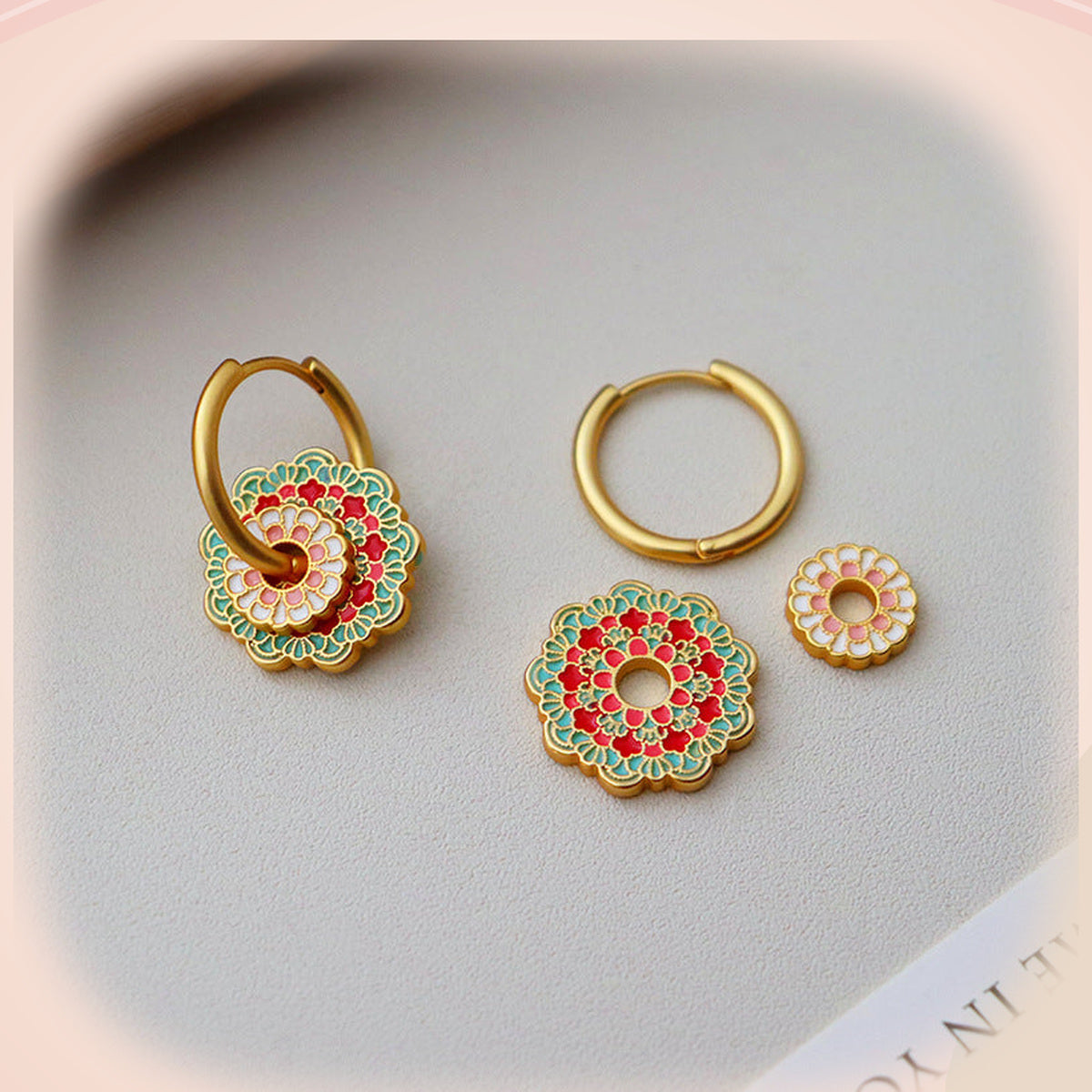 Red Blossom Hoop Earrings — detail view