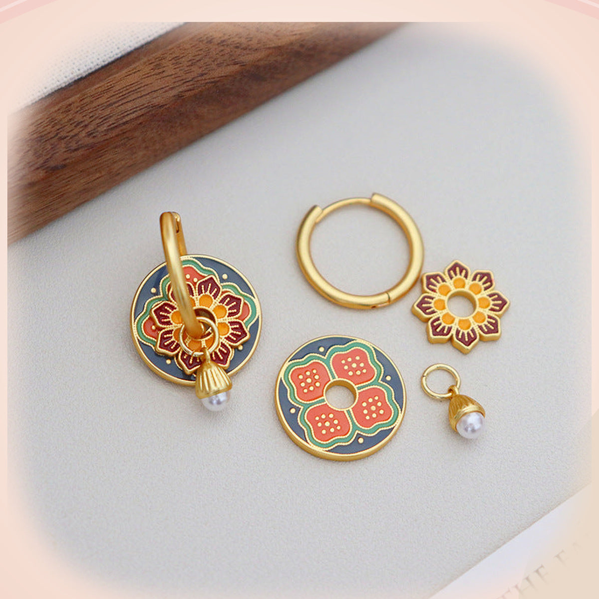 Red & Blue Floral Earrings with Pearl Drop — detail view