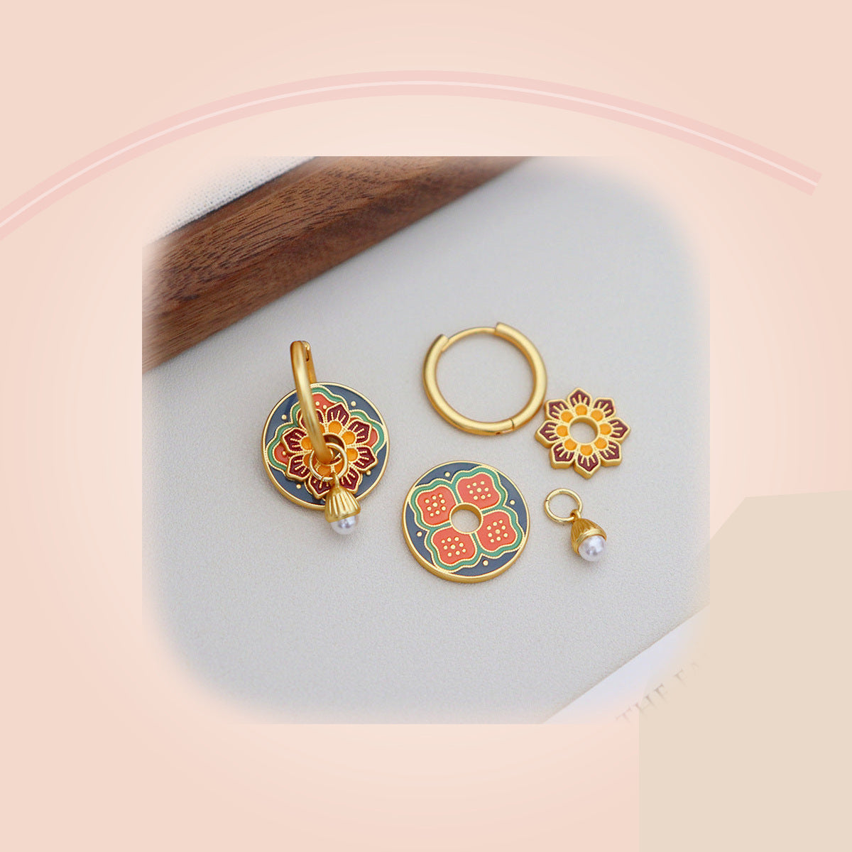 Red & Blue Floral Earrings with Pearl Drop — full product view