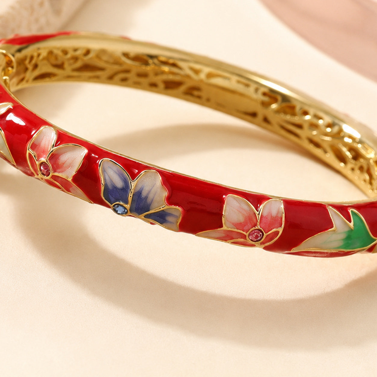 Red Enamel Floral Bangle – single close-up detail
