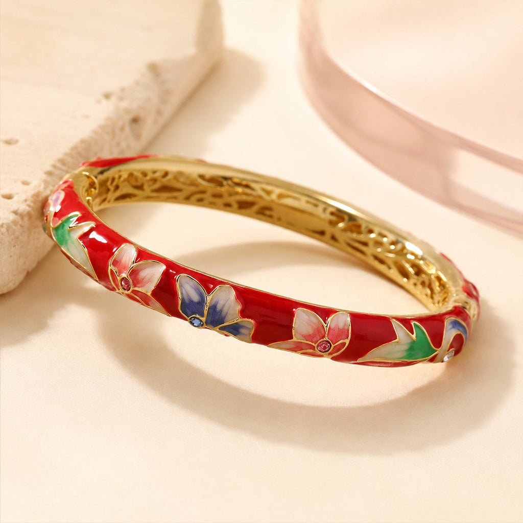 Red Enamel Floral Bangle – full view