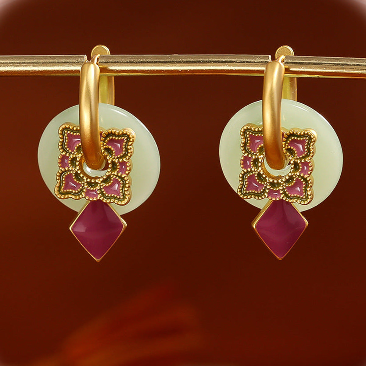 Ruby Lotus Jade Earrings — detail view
