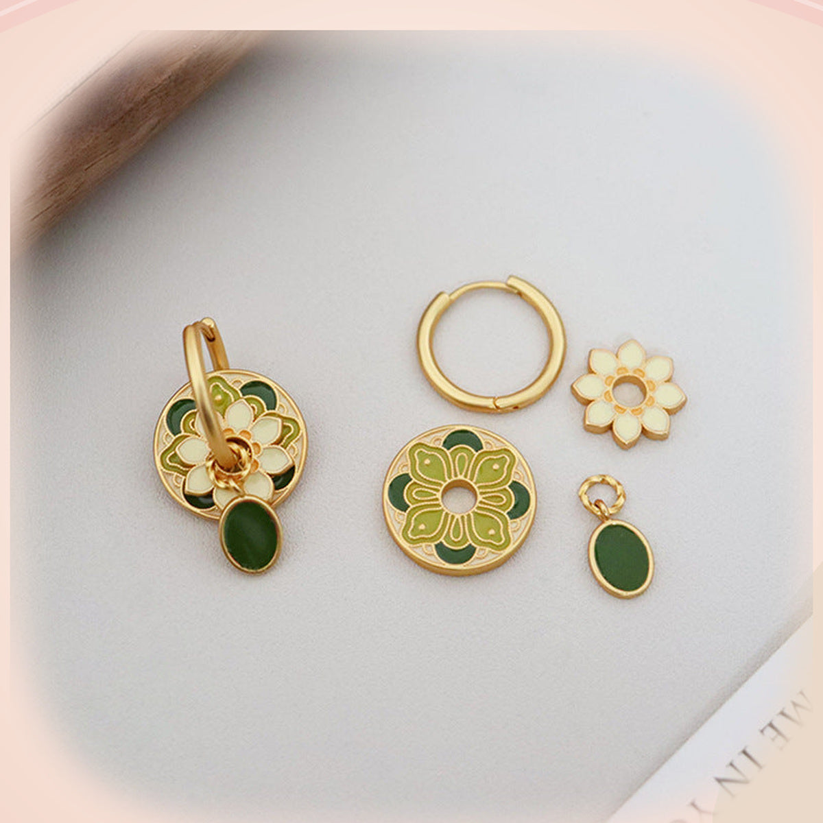 Sage Blossom Medallion Earrings — detail view