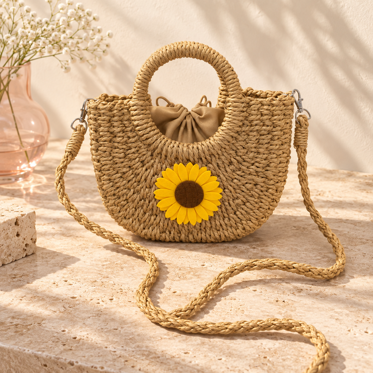 Beige sunflower woven bag