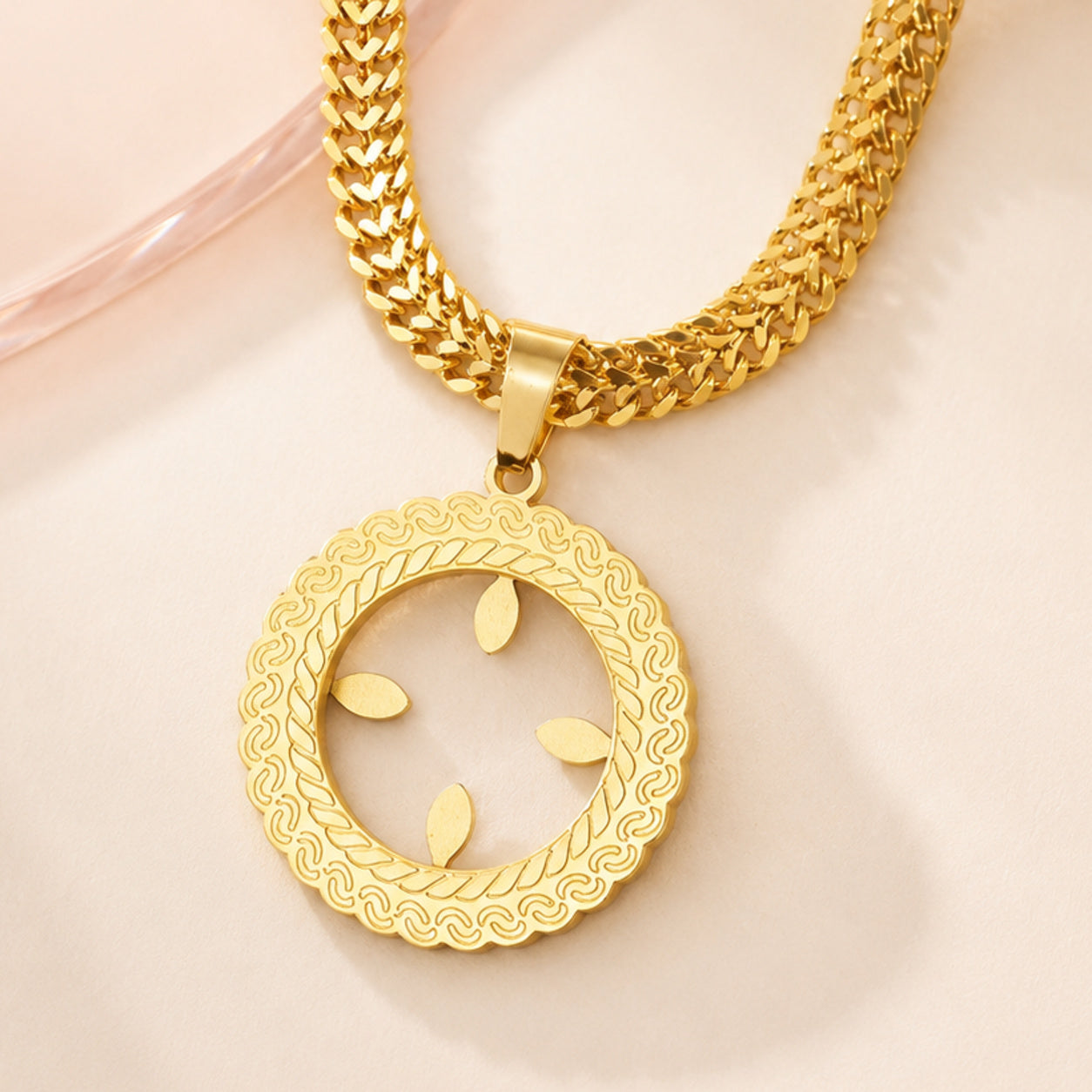 Textured Circle Pendant Gold Necklace — detail view