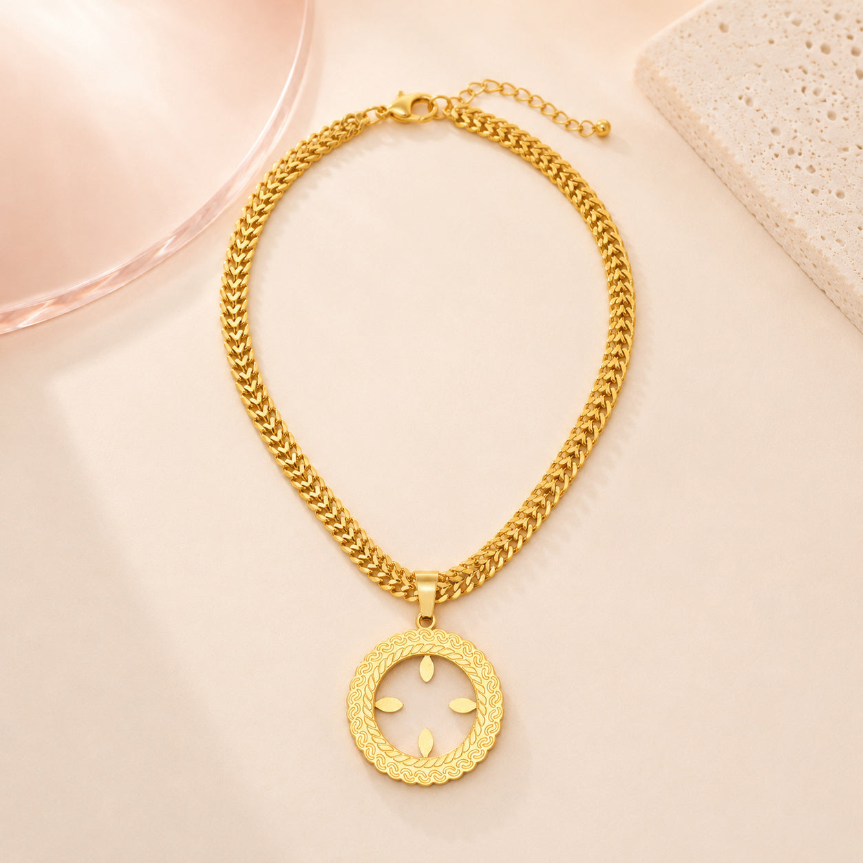 Textured Circle Pendant Gold Necklace — complete product view