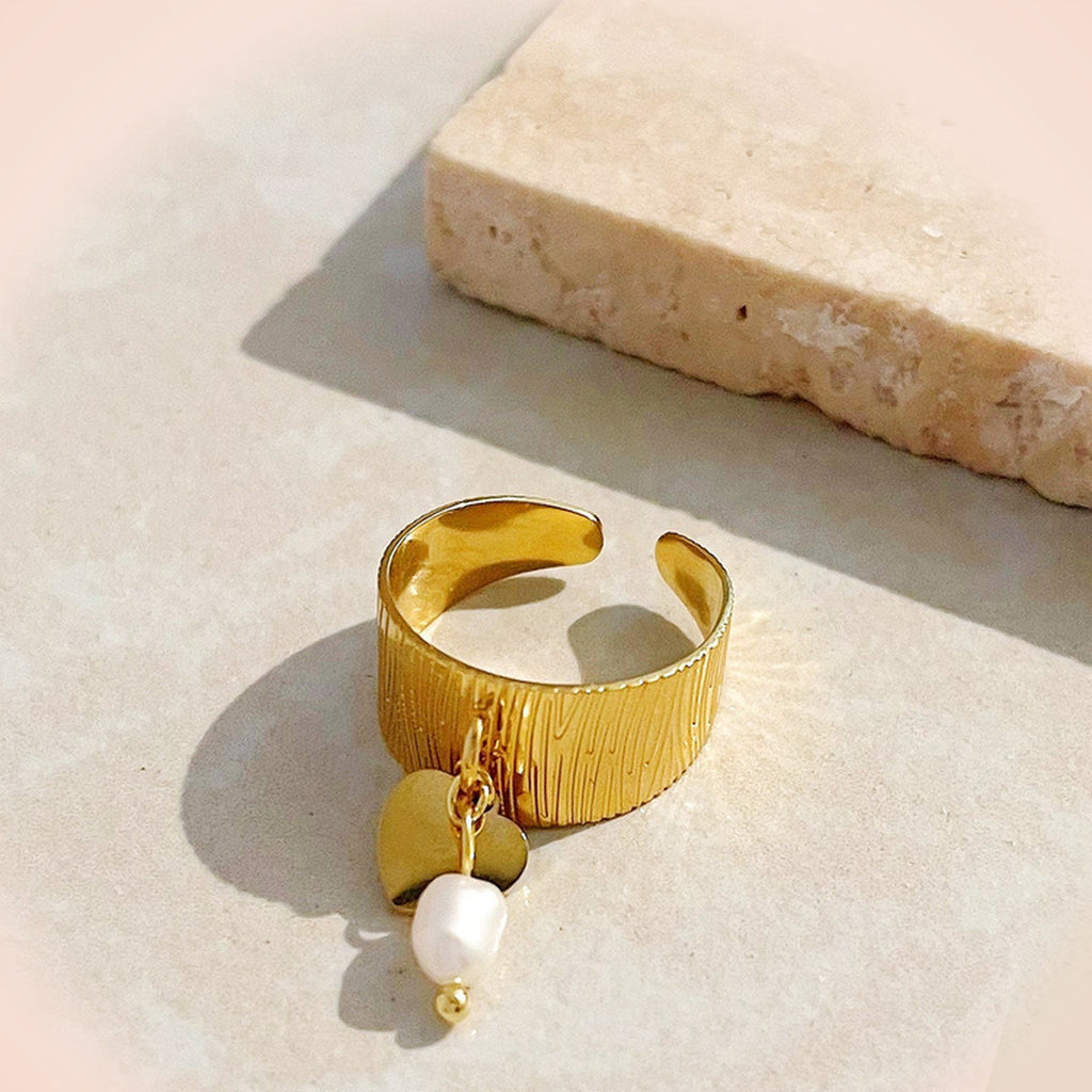 Textured Gold Ring with Pearl Charm — detail view