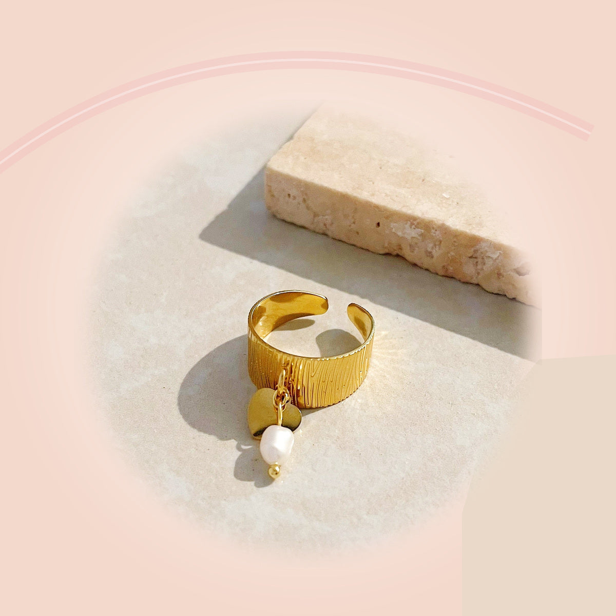 Textured Gold Ring with Pearl Charm — full product view