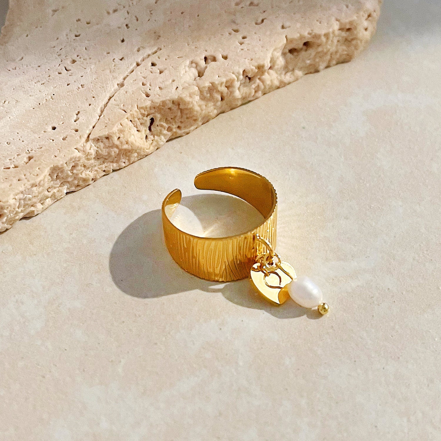 Textured Gold Ring with Pearl Charm