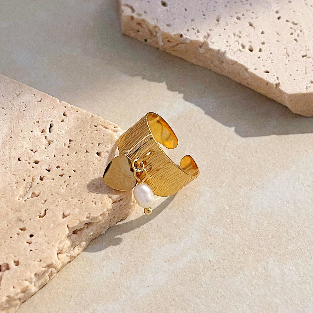 Textured Gold Ring with Pearl Charm