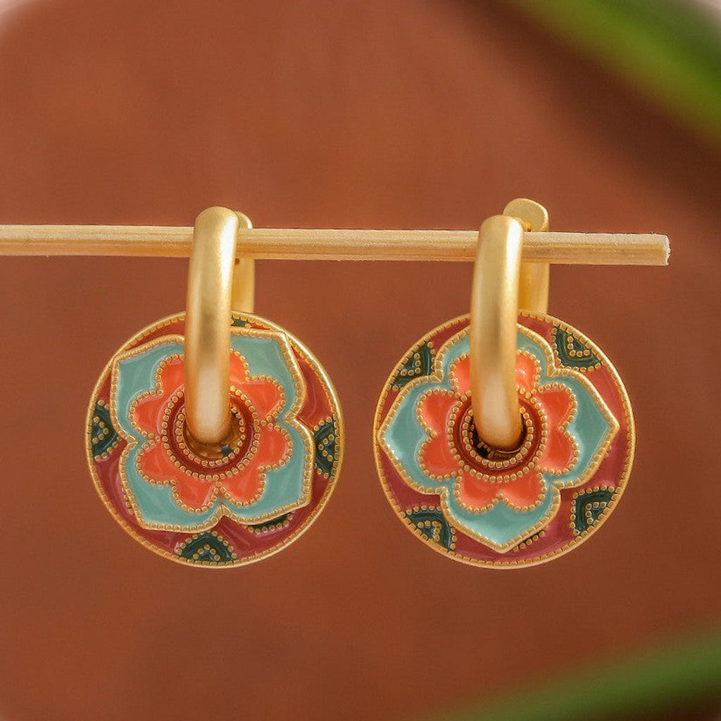 Turquoise Bloom Enamel Earrings — detail view