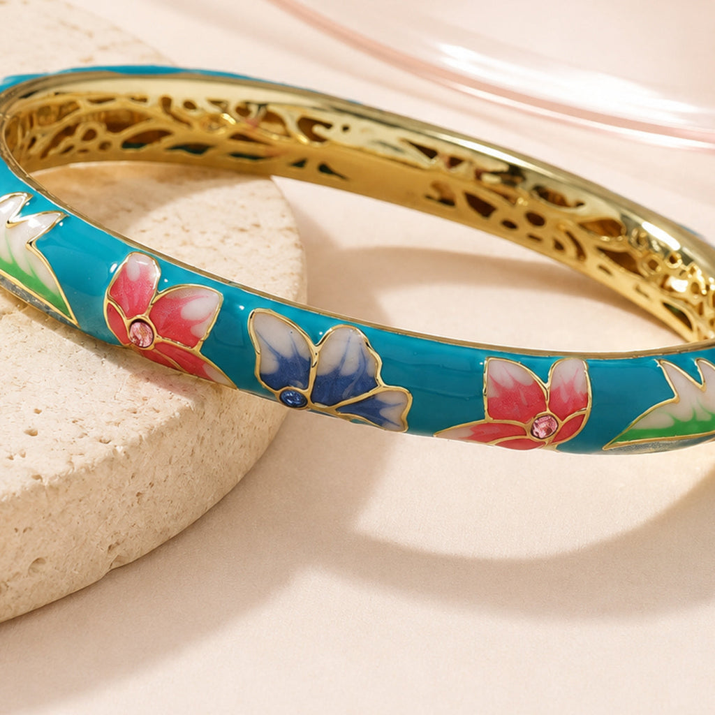Turquoise Enamel Floral Bangle – single close-up detail