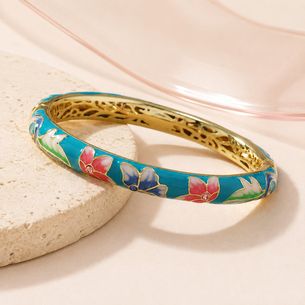 Turquoise Enamel Floral Bangle – full view