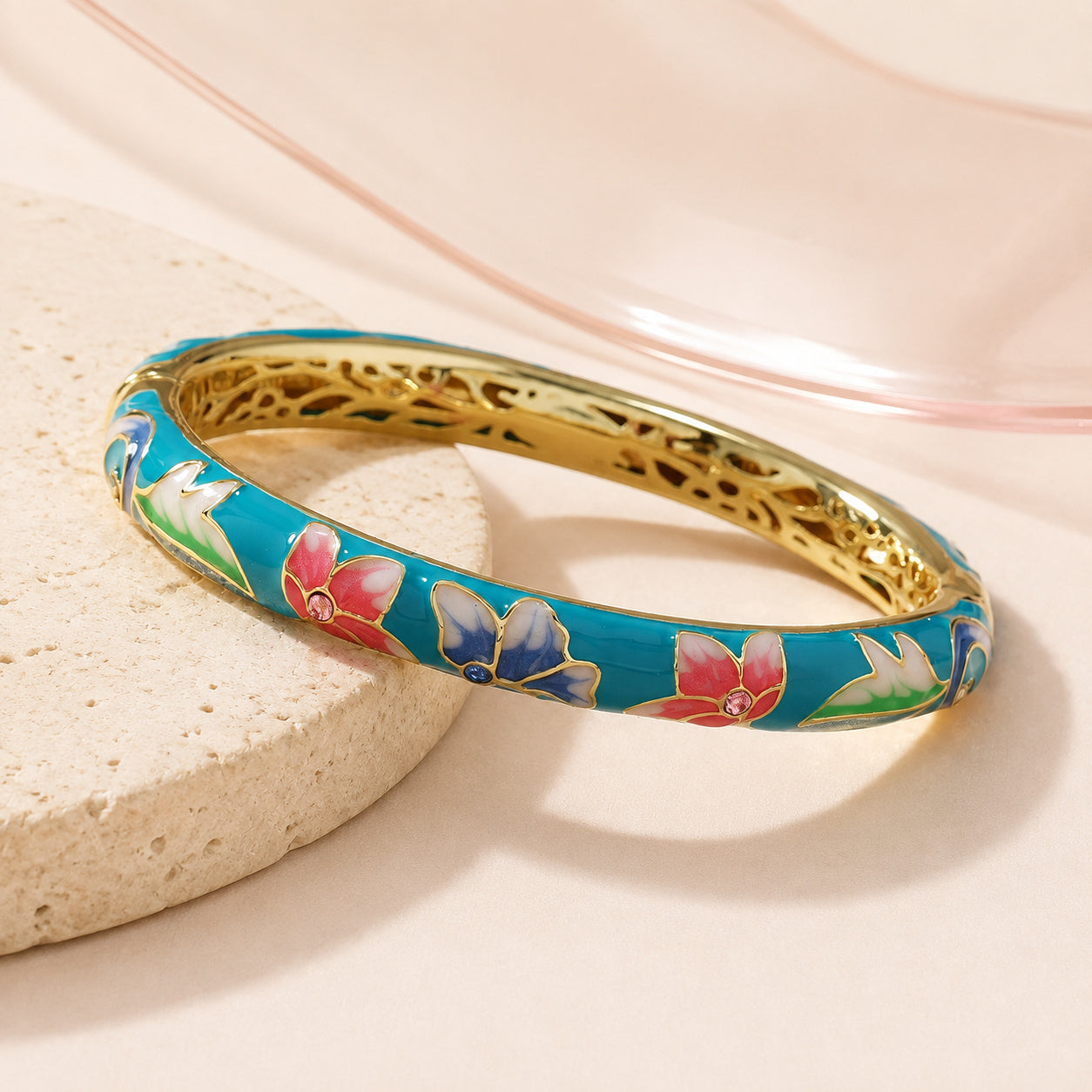 Turquoise Enamel Floral Bangle – full view