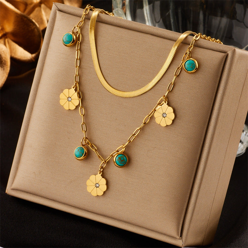 Turquoise Flower Charm Layered Necklace