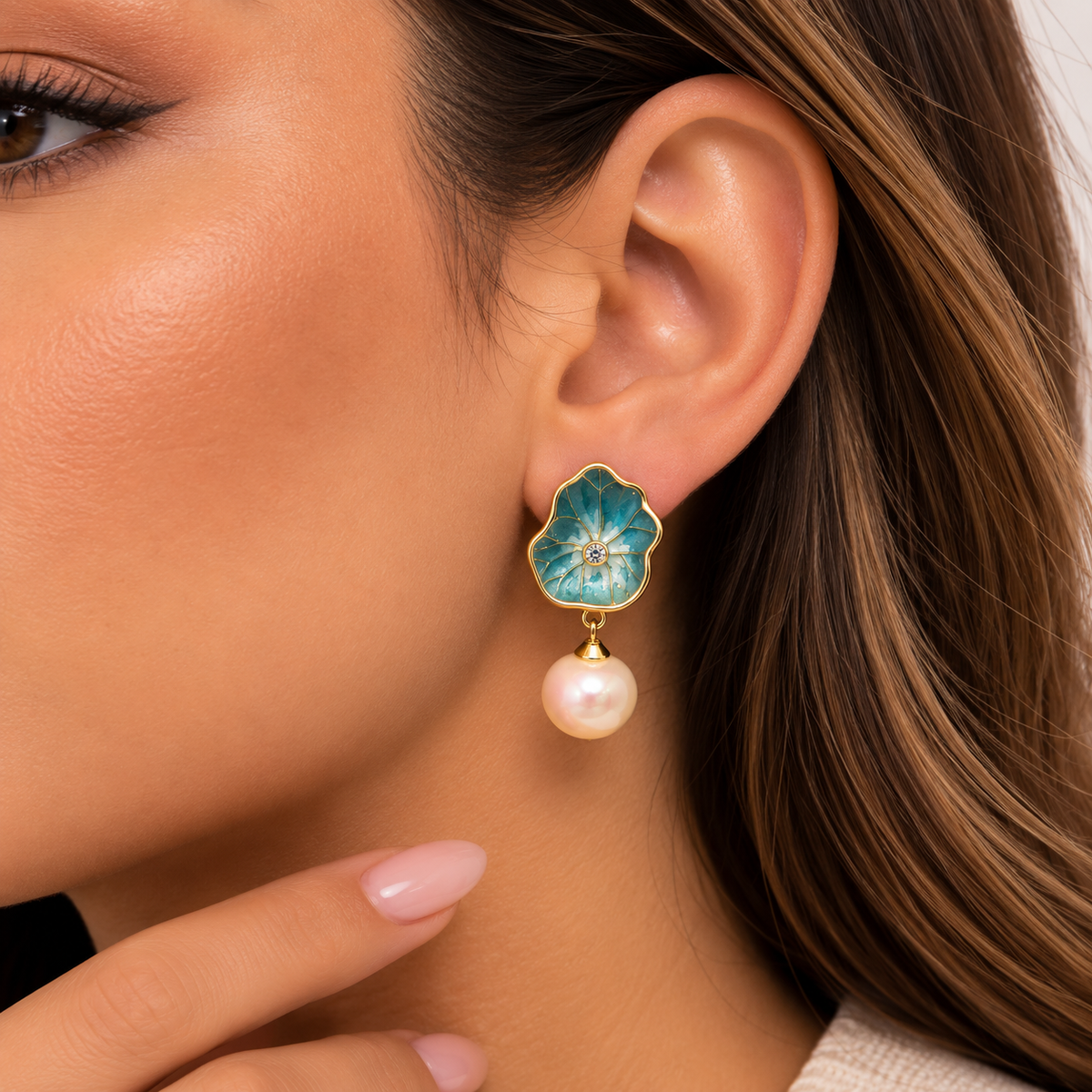 Turquoise enamel flower pearl drop earring worn by Mimi