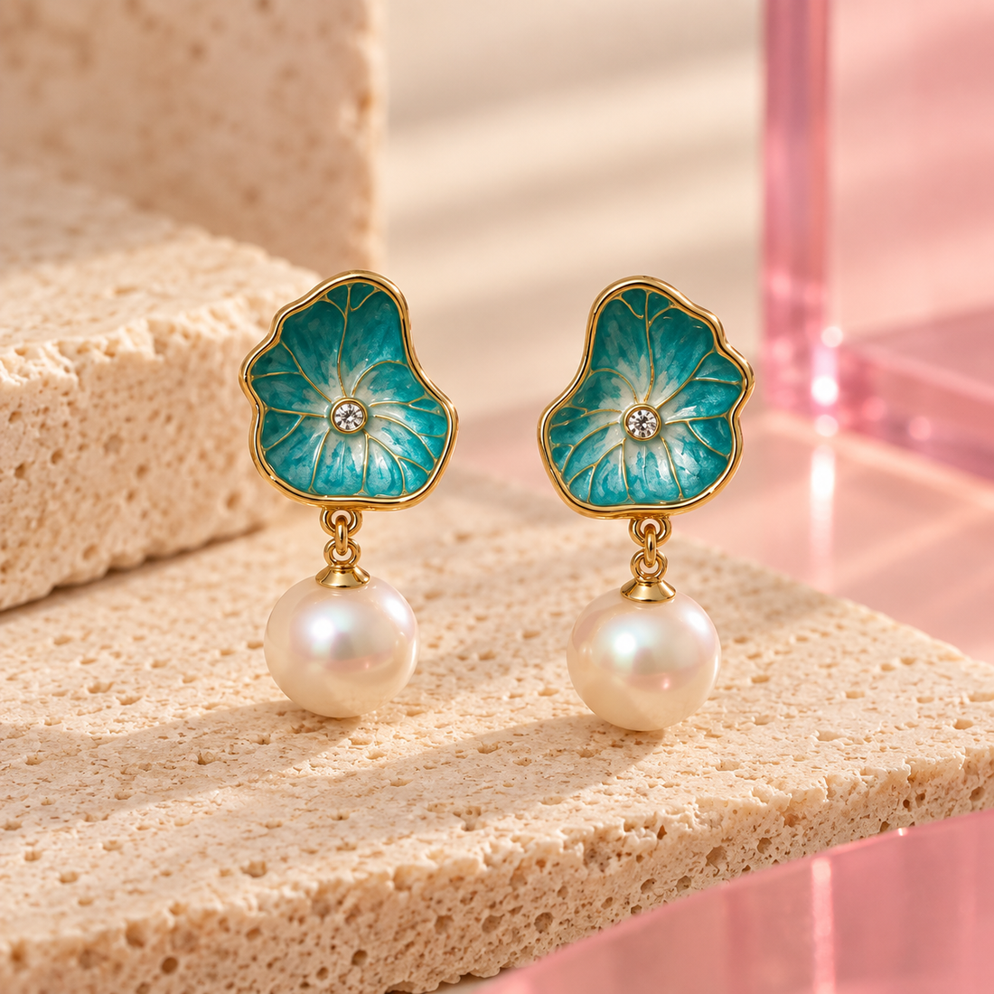 Turquoise enamel flower pearl drop earrings on Bloomy ivory stone